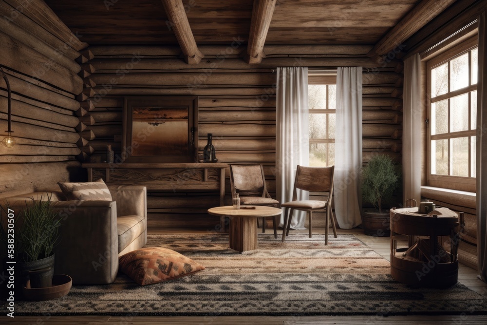 cozy living room with wooden furniture and walls. Generative AI