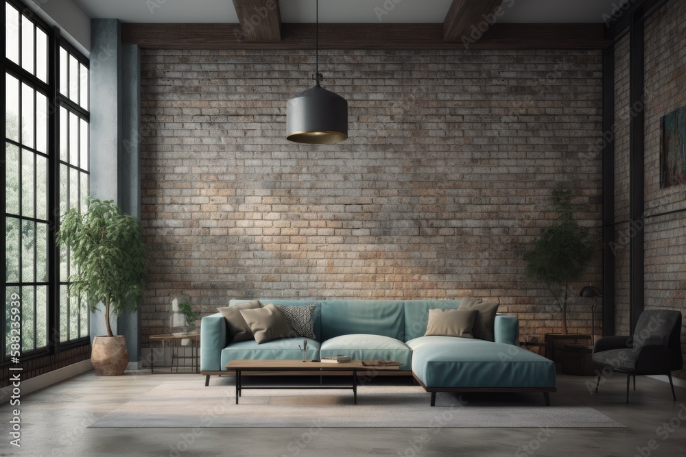 cozy living room with textured brick walls and a comfortable blue couch. Generative AI