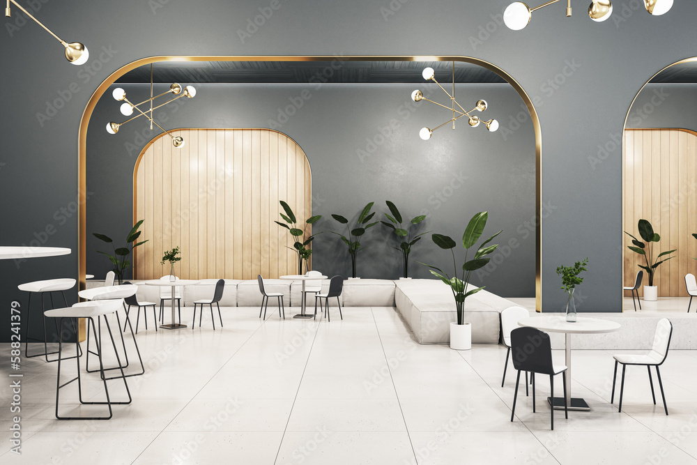 Modern gray cafeteria or restaurant interior with furniture and decor. Designs concept. 3D Rendering