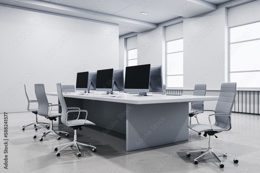 Contemporary concrete coworking office interior with furniture, equipment and window with daylight. 