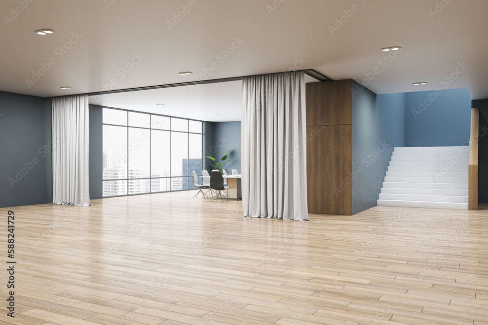 Contemporary spacious meeting room interior with furniture, staircase, partition curtains, window wi