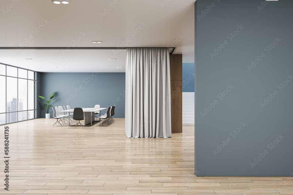 Modern spacious meeting room interior with mock up place on wall, furniture, partition curtains, win