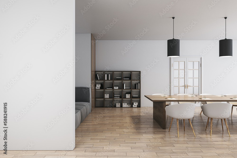 Modern meeting room office interior with bookcase, lamps, empty white mock up place, wooden flooring