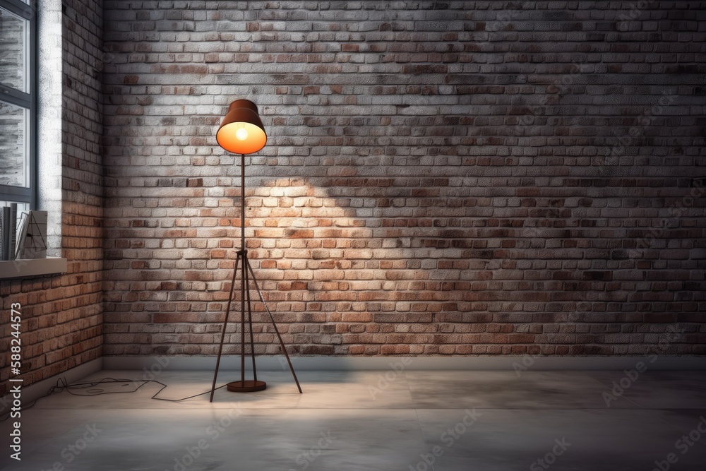 modern floor lamp in a rustic room with a brick wall. Generative AI