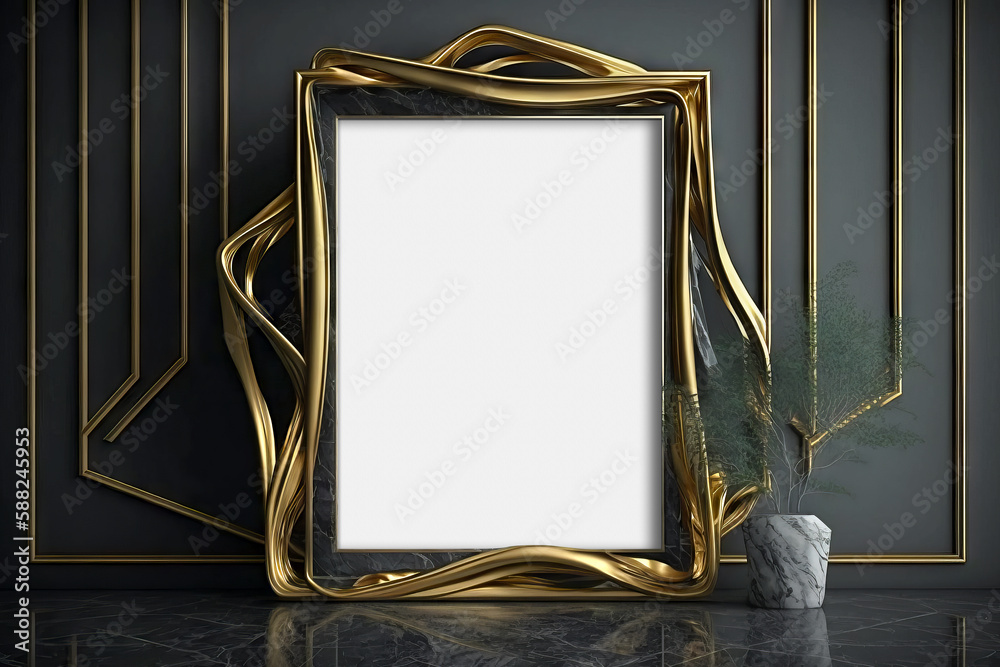 Gold frame in dark modern interior mockup. Generative Ai