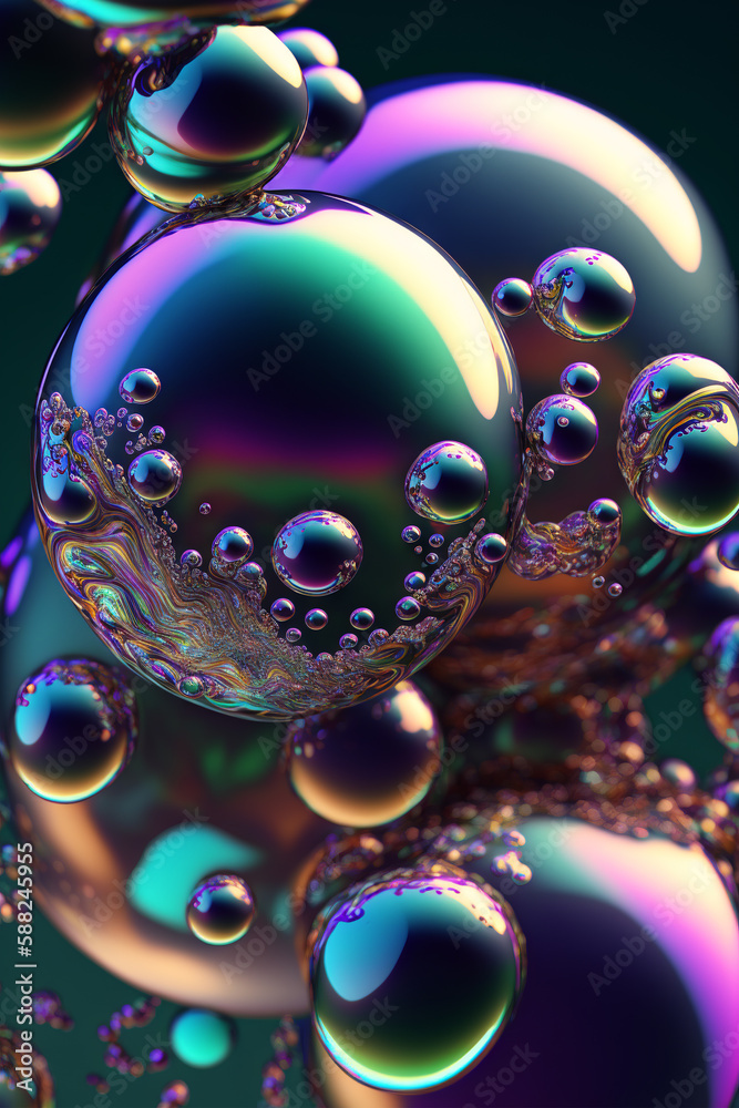 Bubbles background with psychedelic colors. Surreal wallpaper with curvy organics circle shapes. Gen