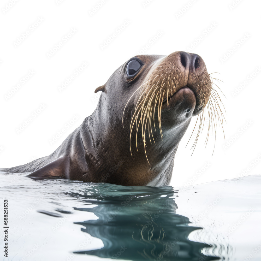 close up face shot of sea lion swimming , isolated on transparent background cutout , generative ai