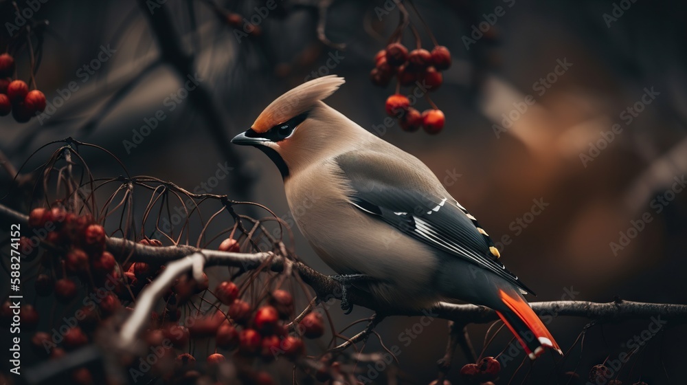 A Bohemian Waxwing bird stands on a tree branch. Generative AI