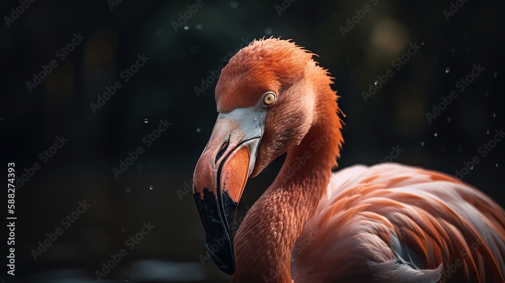 Pink flamingo close up standing with forest background. Generative AI