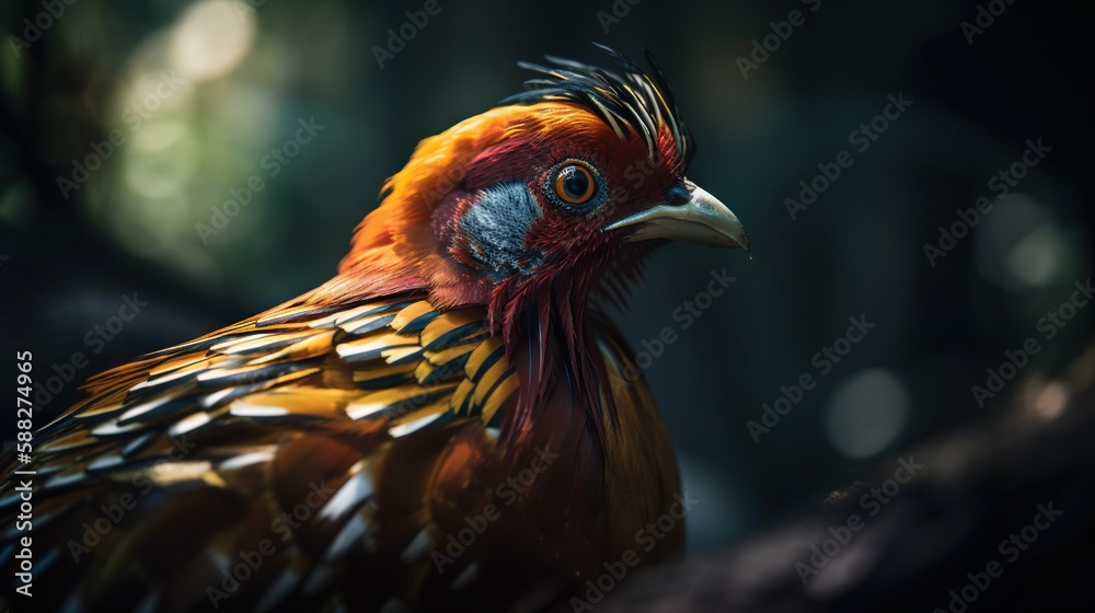 Golden pheasant close up with forest background. Generative AI