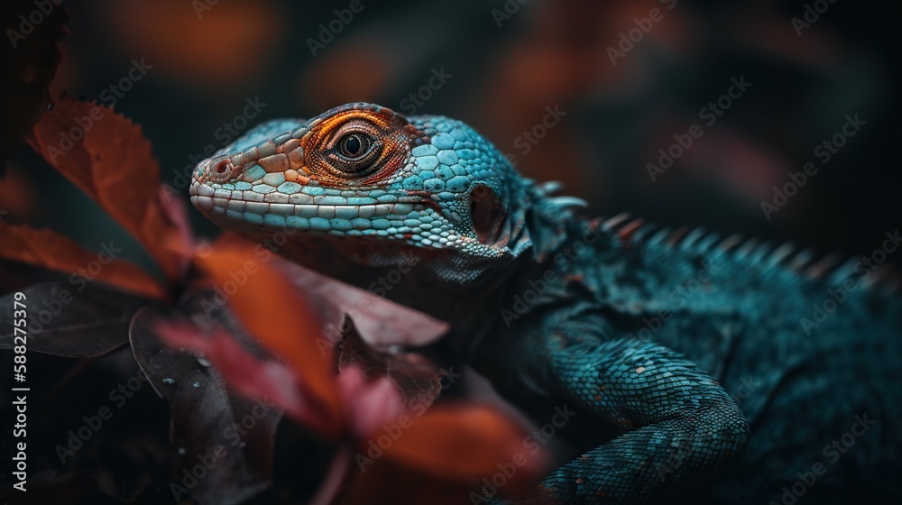 Colorful forest lizard on a tree bark in forest. Generative AI