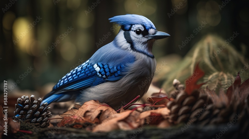 Blue Jay bird closeup with forest background. Generative AI