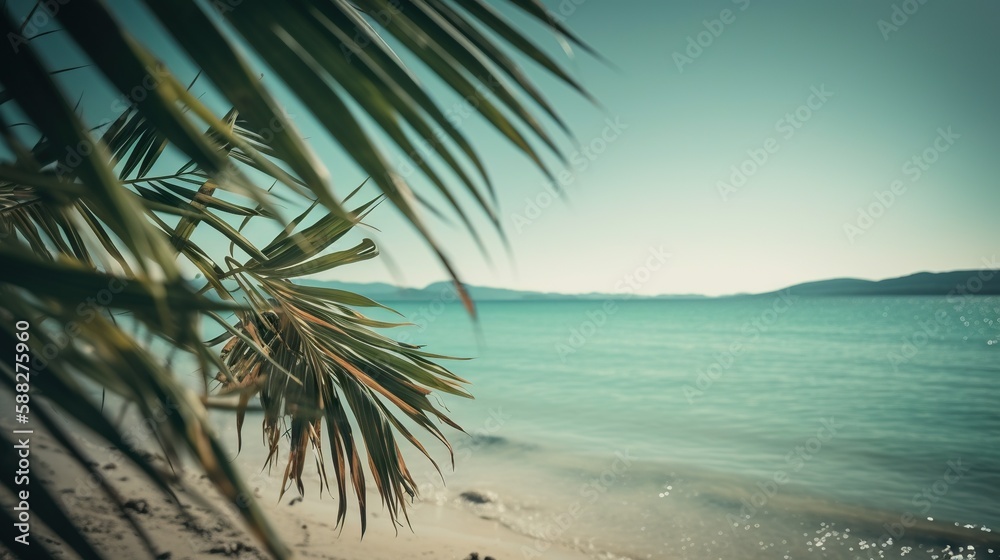 Tropical summer seascape with palm leaves, beach and paradise ocean. Vacation and travel backdrop. G