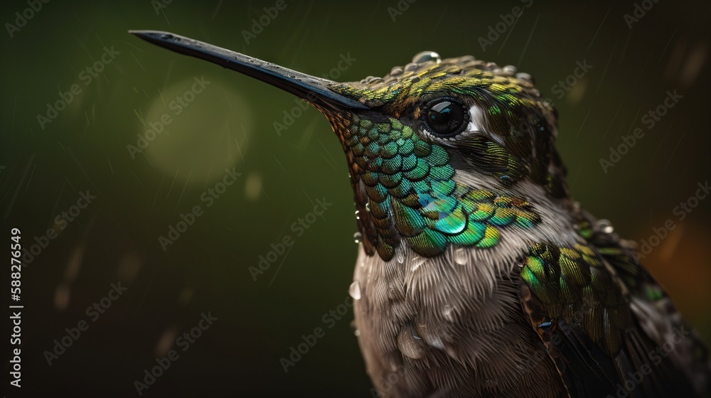 Closeup of hummingbird on a green background. Generative AI