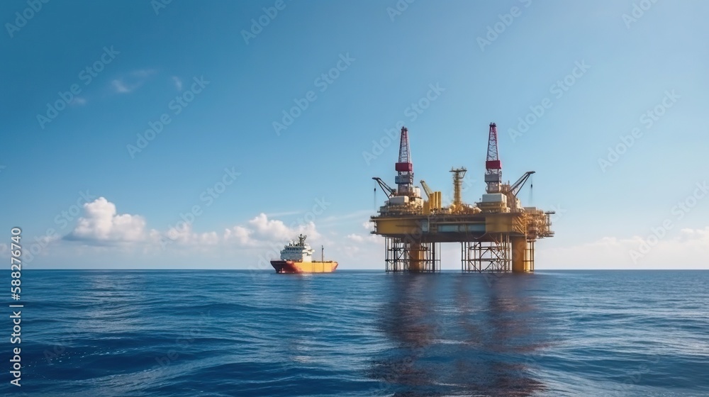 Oil rig in the sea on a sunny day with blue sky. Offshore oil drilling. Generative AI