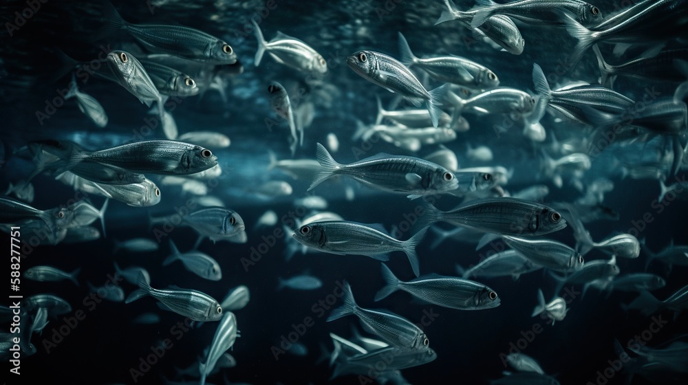 School of small silver fish underwater. Marine life. Generative AI