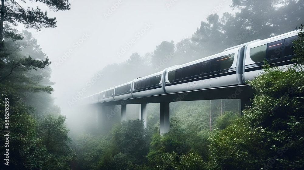 Speed passenger train moving in the mist mountains covered with forest. Generative AI