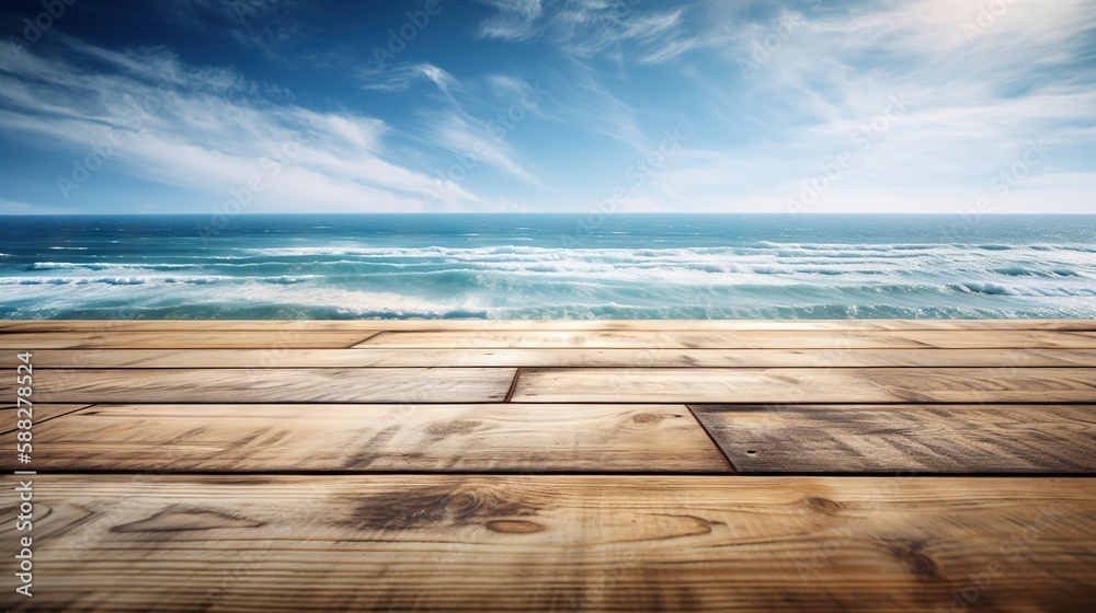 Wood table mockup with ocean waves on background. Empty copy space for product presentation. Generat