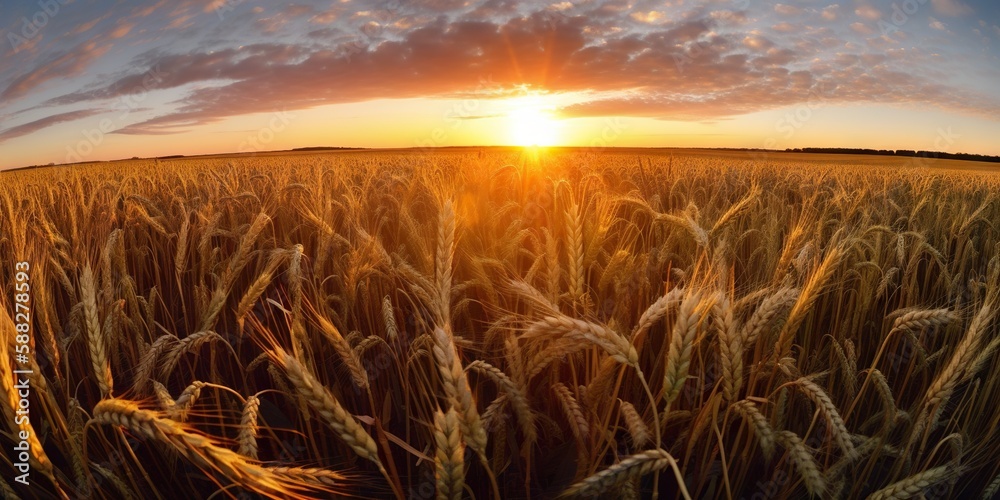 Panoramic view on field of golden ripe wheat on sunset. Generative AI