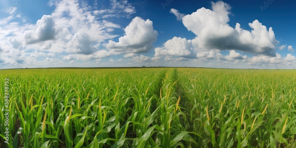 Agricultural corn field on sunny summer day. Generative AI