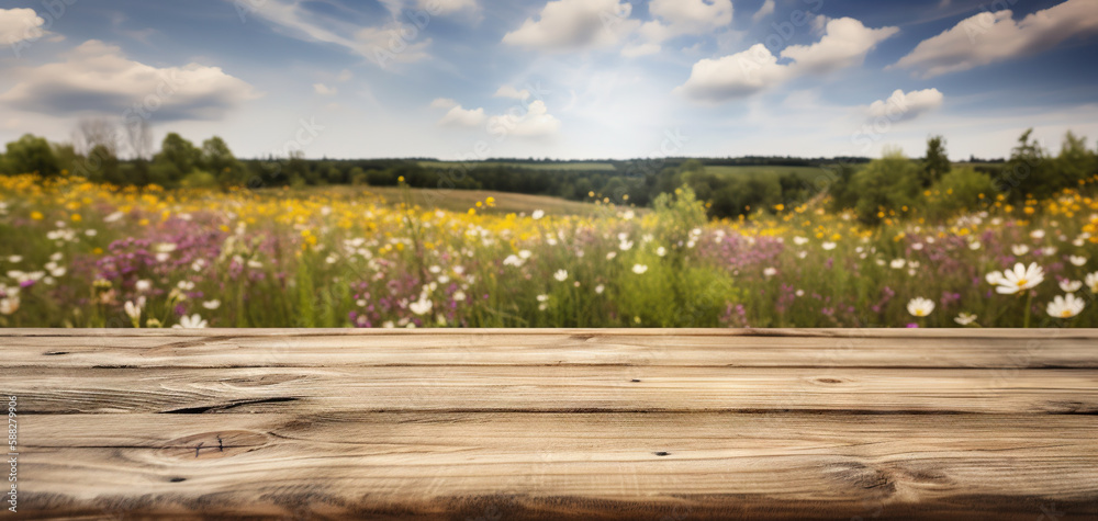 Wood table mockup with flowering spring meadow on background. Empty copy space for product presentat