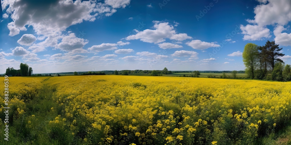 Spring flower field and blue sky with white clouds. Generative AI