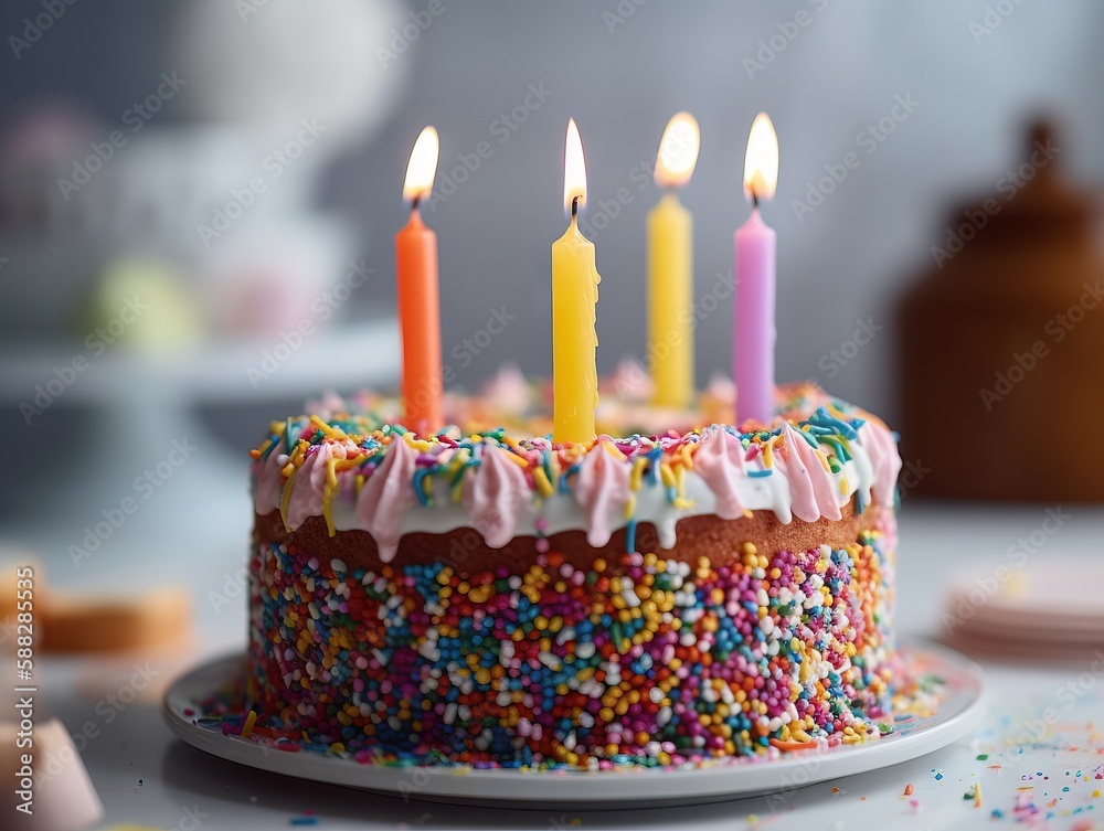  a cake with sprinkles and lit candles on a table with confetti and cookies around it and a plate wi