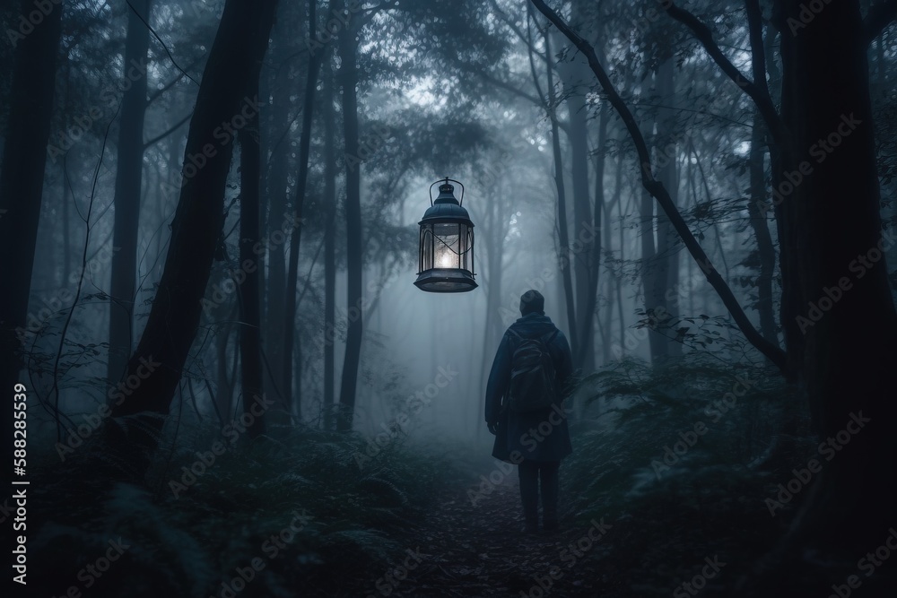  a person standing in a dark forest with a lantern hanging from the ceiling of the forest, with fog 