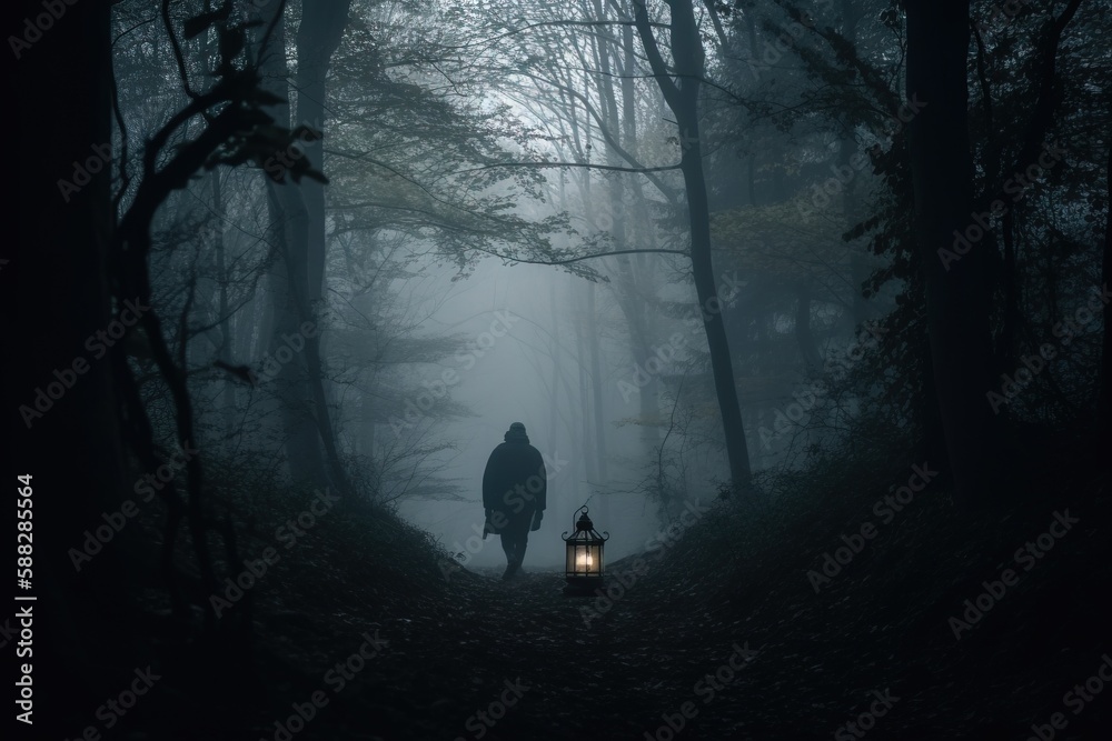  a person standing in a dark forest with a lantern in their hand and a light in the middle of the fo