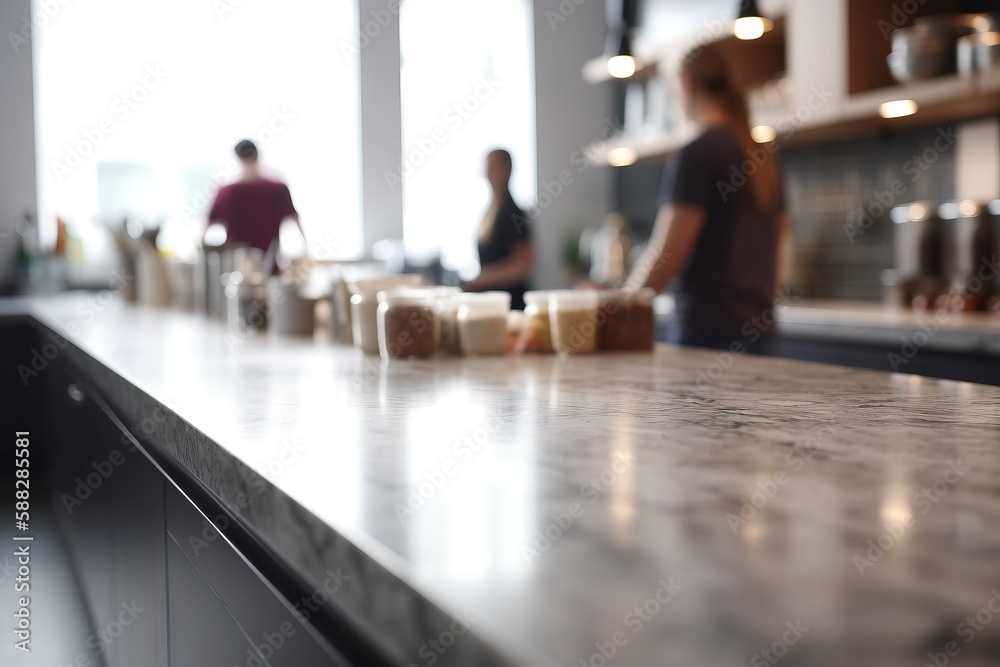  a counter top in a restaurant with people in the background and a person standing at the counter in