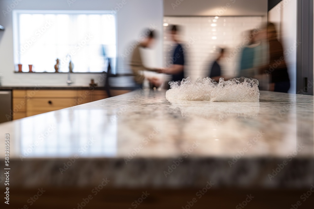  a kitchen counter with a bunch of ice on top of it and people in the kitchen in the background behi