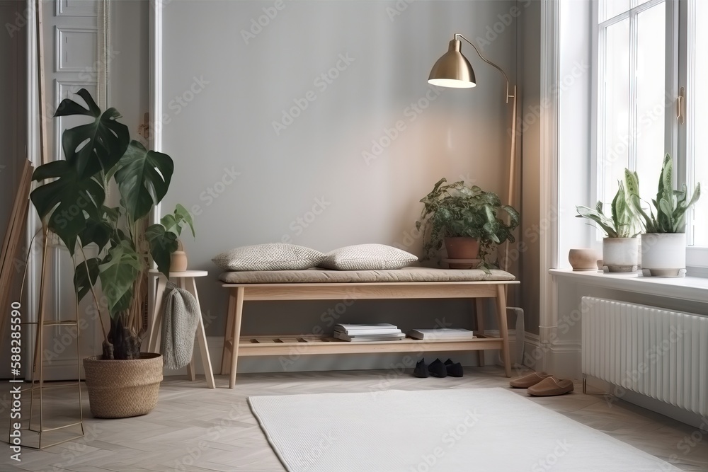  a room with a bench, potted plants, and a rug on the floor in front of a window with a light coming