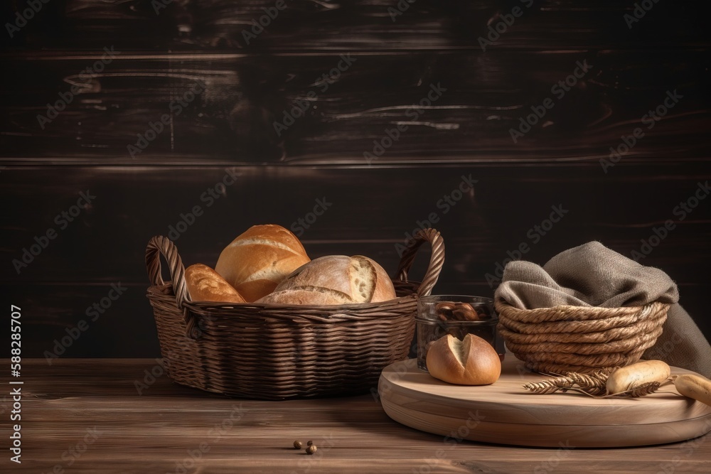  a basket of bread and a basket of bread on a wooden table with a cloth on the side of the basket an