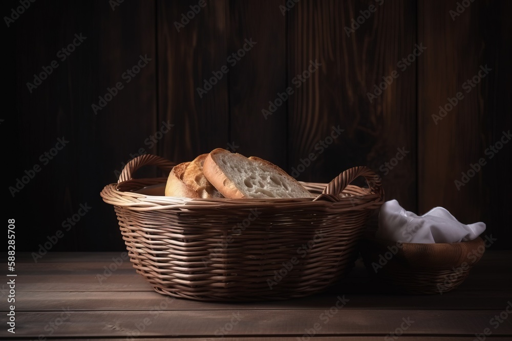  a basket of bread sitting on top of a wooden table next to a white cloth bag and a loaf of bread on