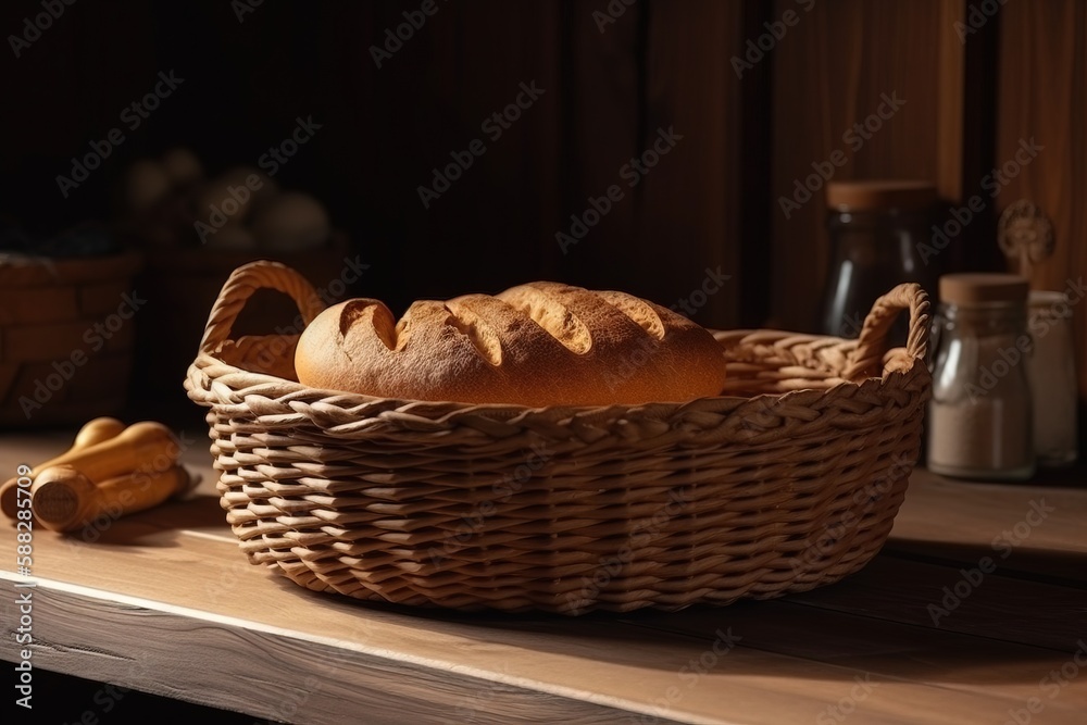  a basket of bread sitting on top of a wooden table next to a bottle of milk and a loaf of bread on 