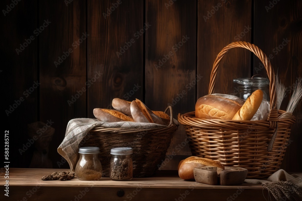  a basket of bread next to a basket of bread on a wooden table next to a bottle of milk and a basket