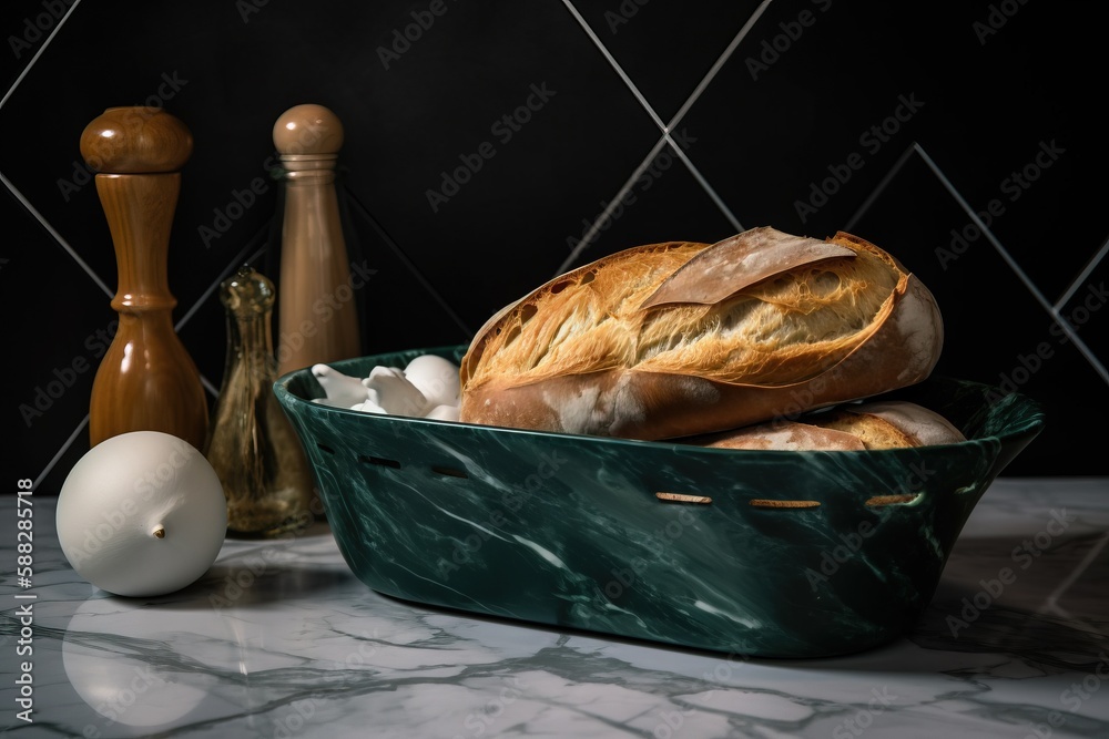  a loaf of bread sitting on top of a counter next to an egg and an egg shell in a green basket on a 