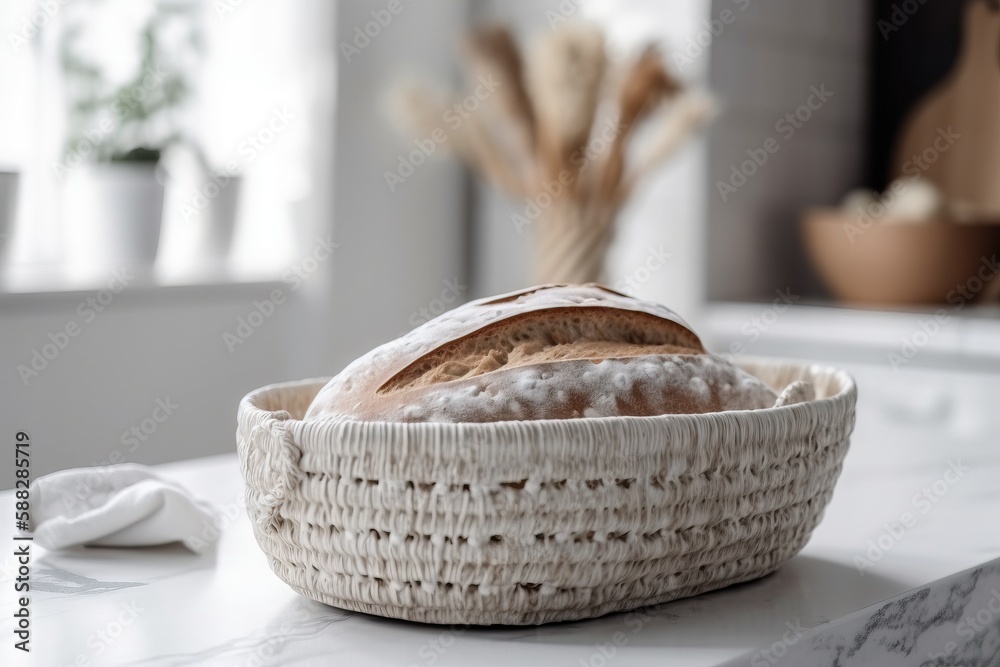  a basket of bread sitting on top of a counter next to a vase with flowers in it on a countertop nex