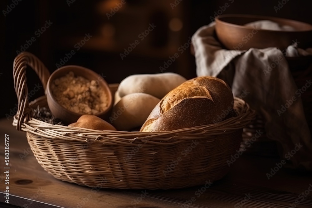  a basket of bread sitting on top of a wooden table next to a bowl of oatmeal and a bowl of oatmeal.