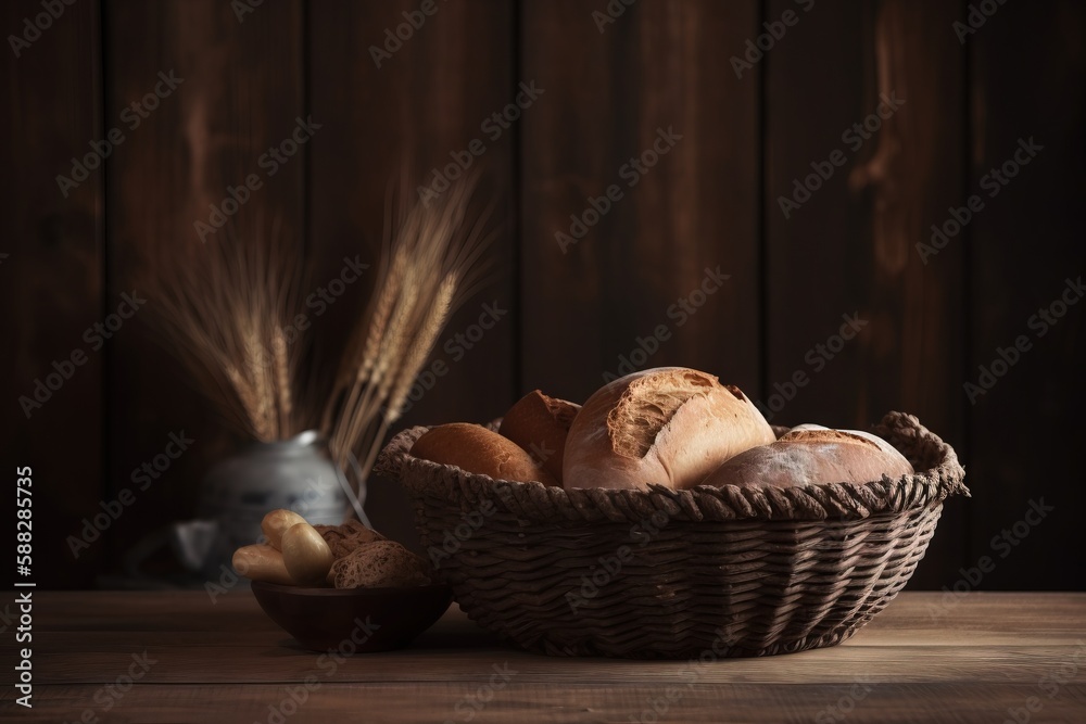  a basket full of bread and some ears of wheat in front of a teapot on a wooden table with a dark wo