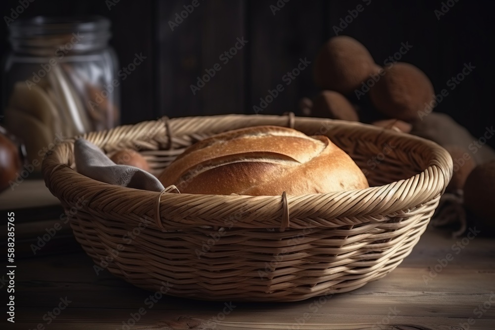  a basket of bread sitting on top of a wooden table next to a jar of nuts and other food on a table 