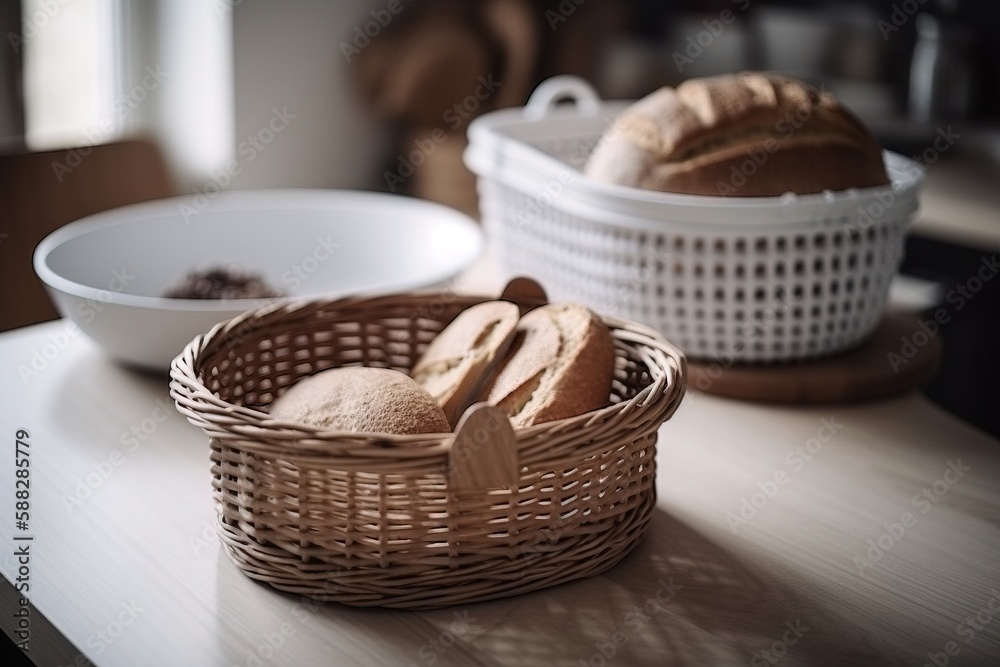  a basket of bread sitting on top of a table next to a bowl of bread and a bowl of flour on a counte