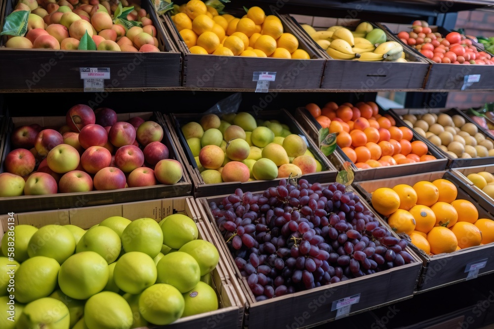  a fruit stand with many different types of fruit in boxes on the shelves of the store, including ap