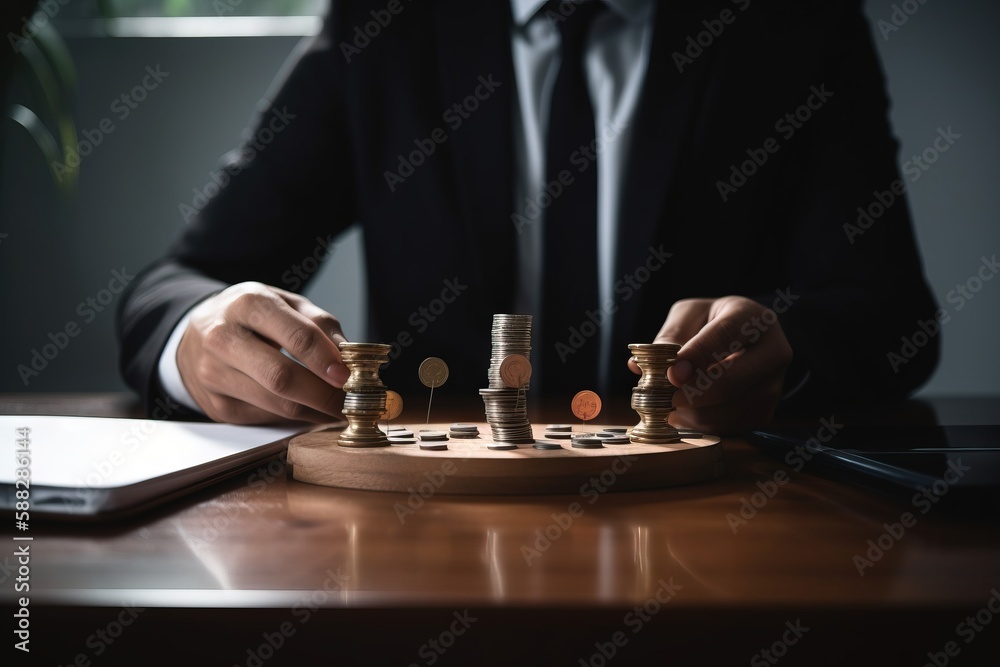  a man in a suit playing a game of chess with stacks of coins on a table next to a laptop computer a