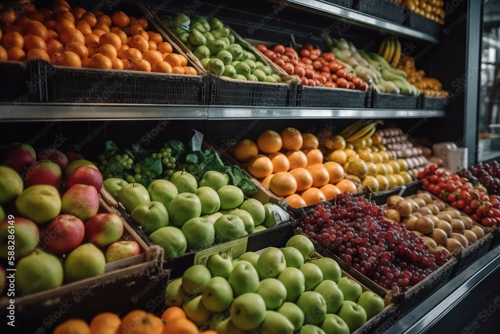  a display of fruits and vegetables in a grocery store with a man in the background looking at the d