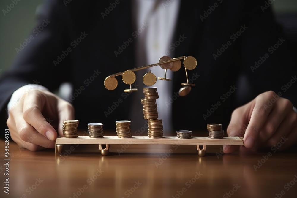  a person stacking coins on top of a wooden table with a balance beam on top of them and a stack of 