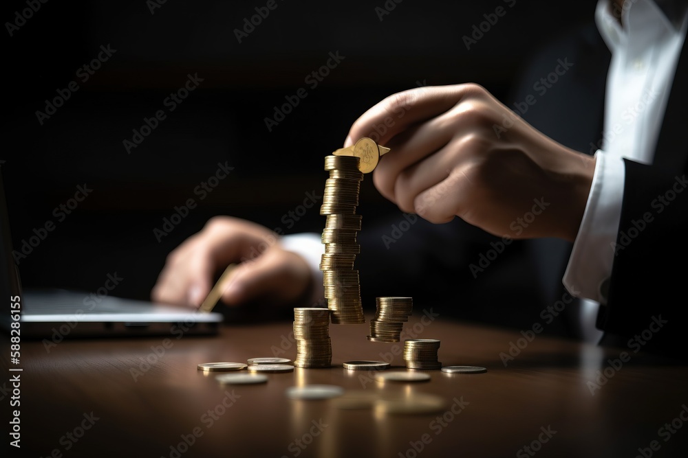  a man is stacking coins in front of a laptop computer on a table with a stack of coins in front of 