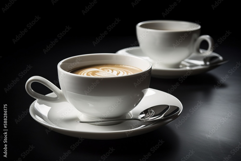  two cups of coffee on a saucer with spoons on a black tablecloth with a black background and a blac