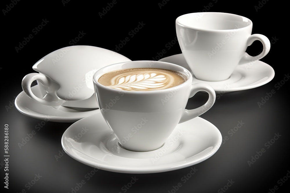  a cup of coffee and saucer on a black table with a black back ground and a black back ground with a