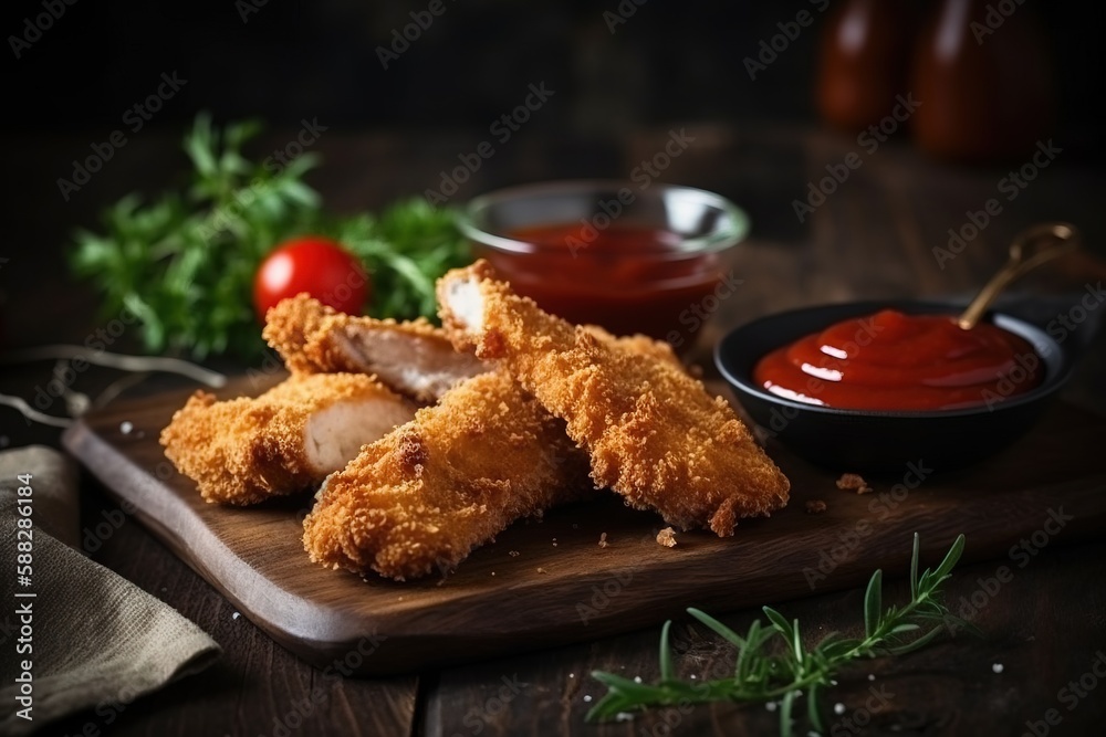  a wooden cutting board topped with fried chicken strips and ketchup on top of a wooden table next t